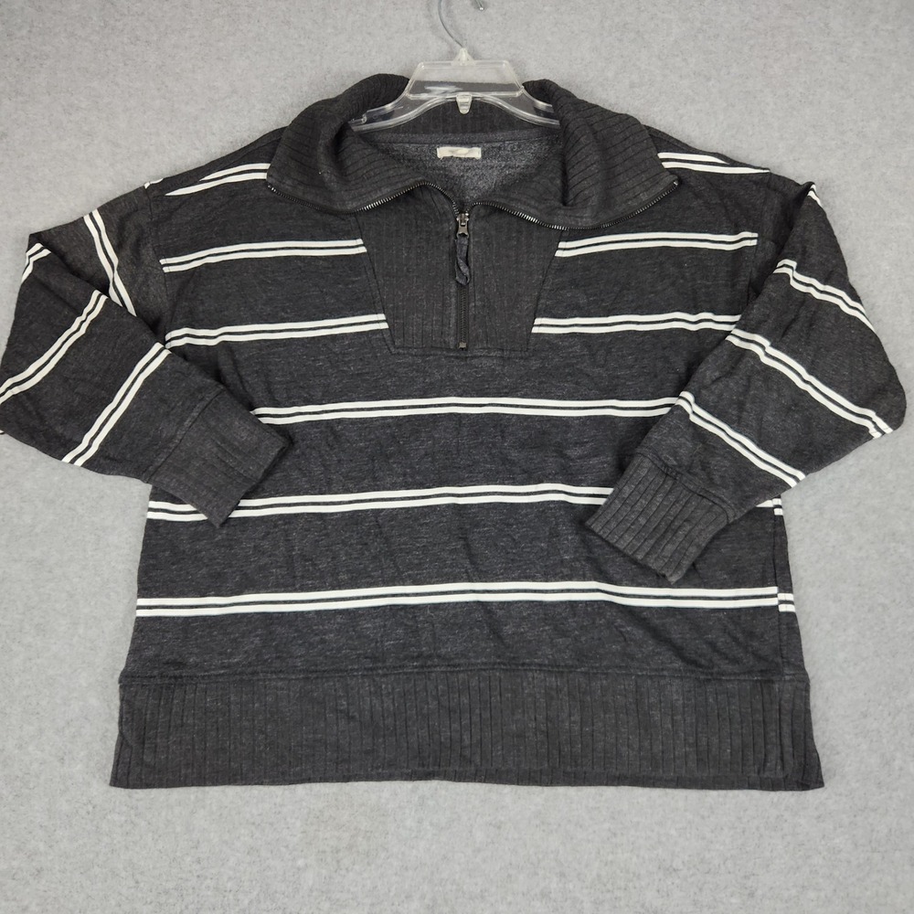 Madewell Sweatshirt Womens M Black Striped Fleece Lined Ribbed Relaxed 1/4 Zip